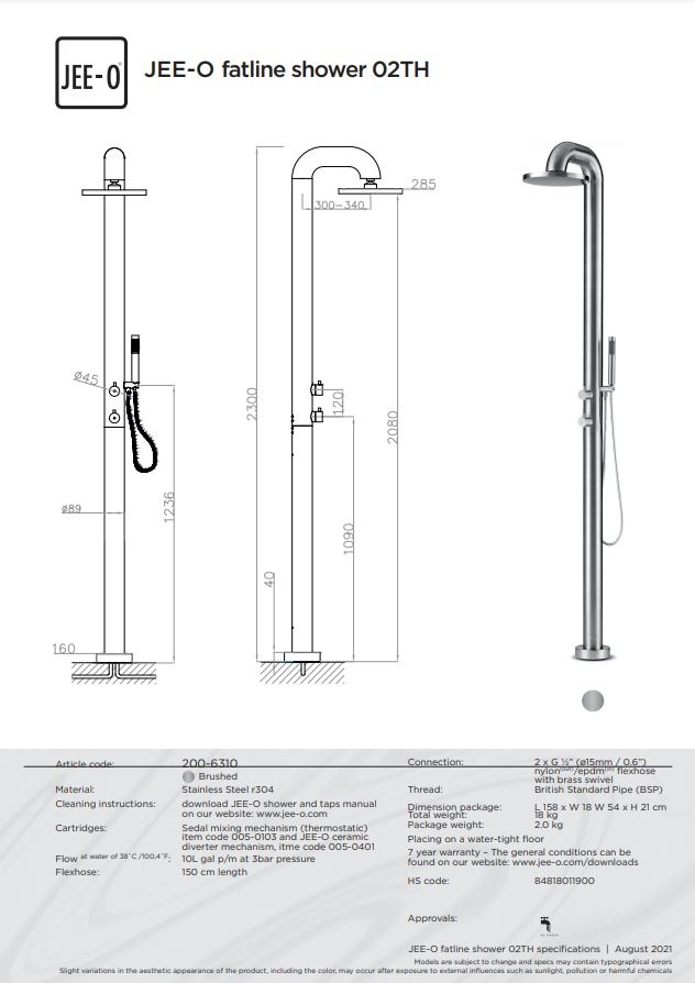 JEE-O Fatline Vrijstaande Douche 02TH | Met Thermostaat en Handdouche | H230 cm