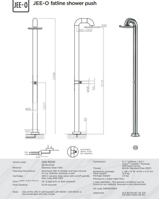 JEE-O Fatline Vrijstaande Douche Push | Met Eco Drukknop | H229,8 cm