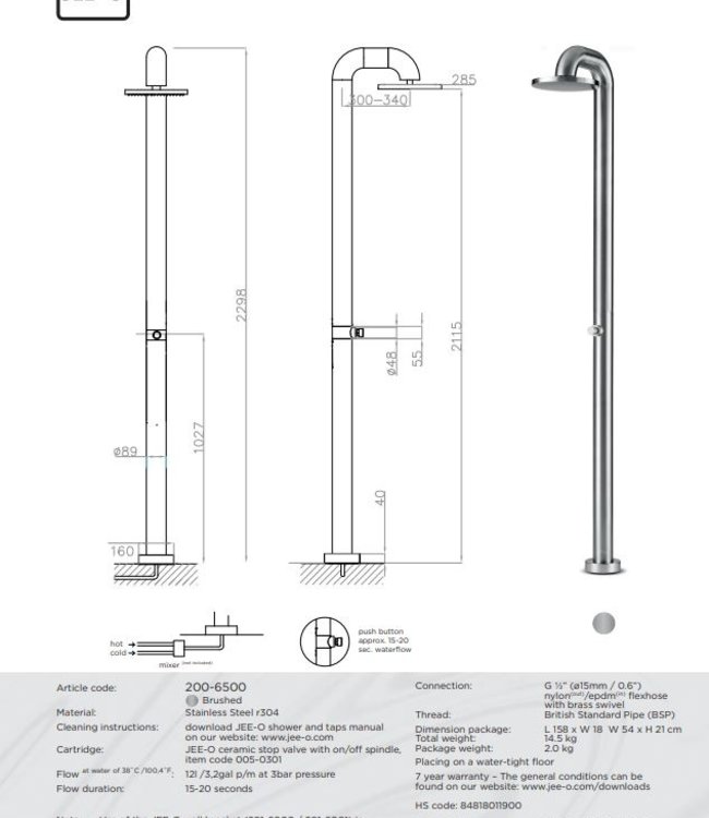 JEE-O Fatline Vrijstaande Douche Push | Met Eco Drukknop | H229,8 cm