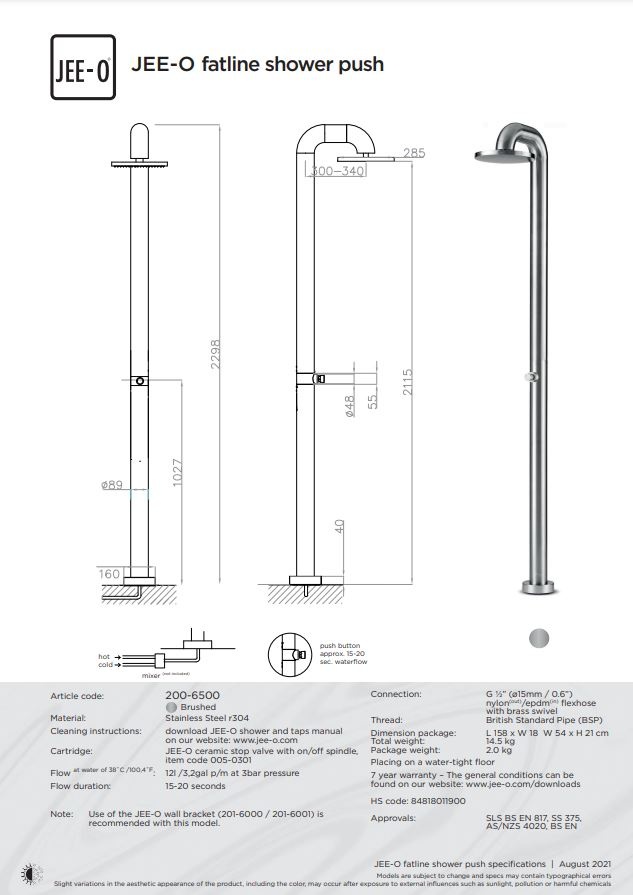 JEE-O Fatline Vrijstaande Douche Push | Met Eco Drukknop | H229,8 cm