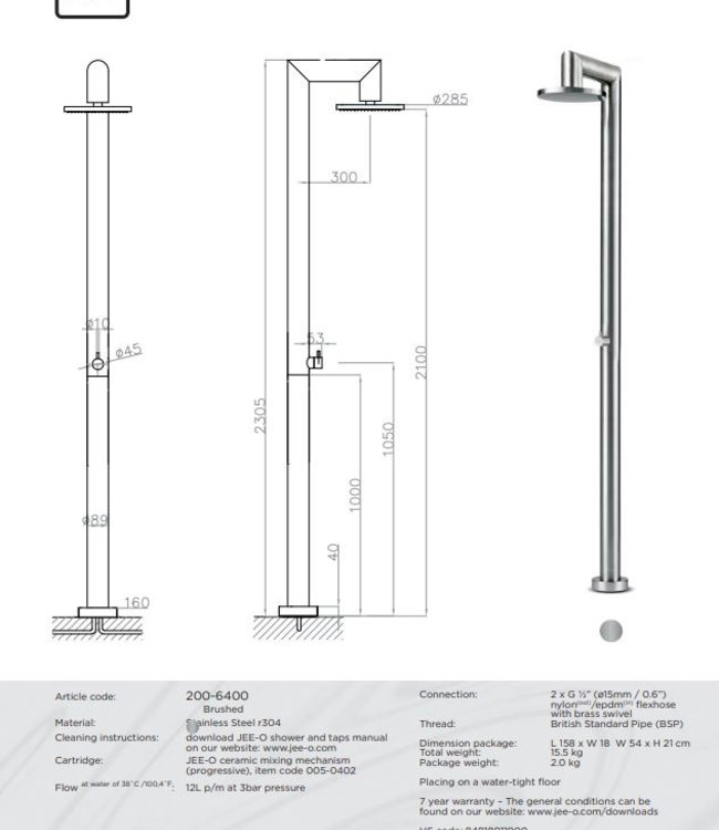 JEE-O Fatline Vrijstaande Douche 04 | Met Mengkraan en Progressieve Cartridge |  H230,5 cm