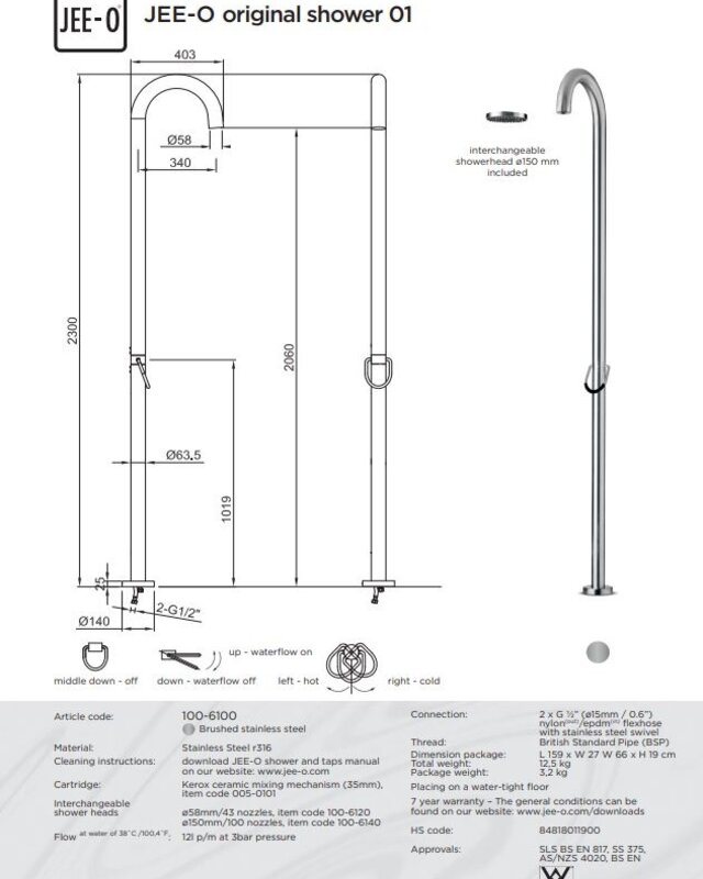 JEE-O Original Vrijstaande Douche 01 | Met Eengreep-mengkraan en Handdouche | H230 cm