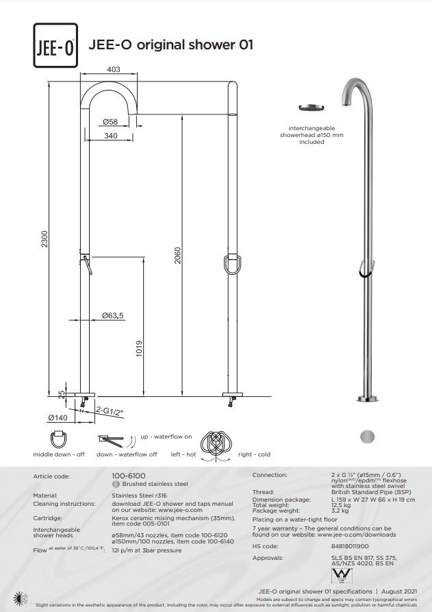 JEE-O Original Vrijstaande Douche 01 | Met Eengreep-mengkraan en Handdouche | H230 cm