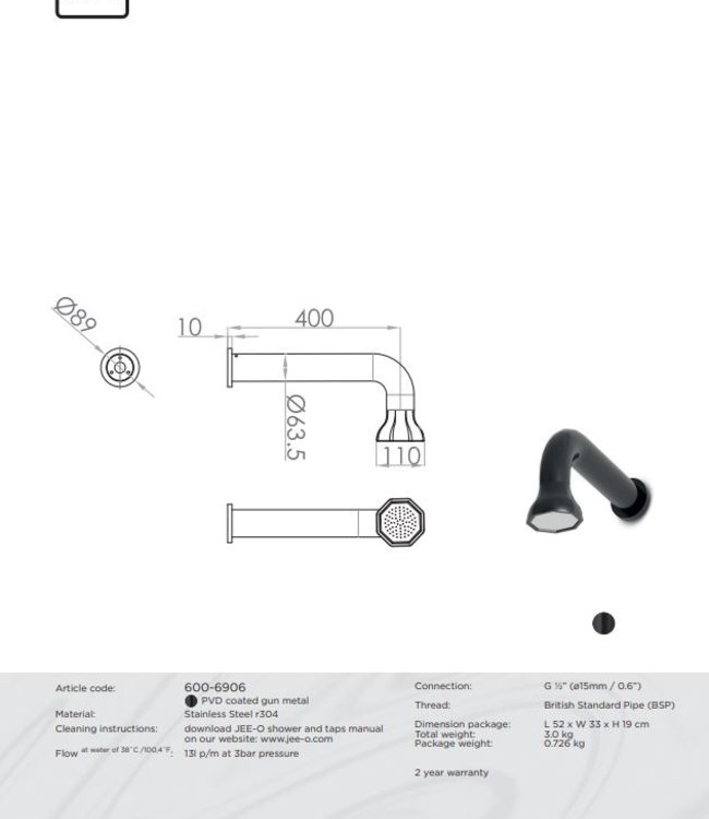 JEE-O Bloom Wand Douchekop | L45,5 cm | Gun Metal