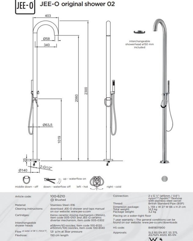 JEE-O Original Vrijstaande Douche 02 | Met eengreep-mengkraan en Handdouche| H230 cm