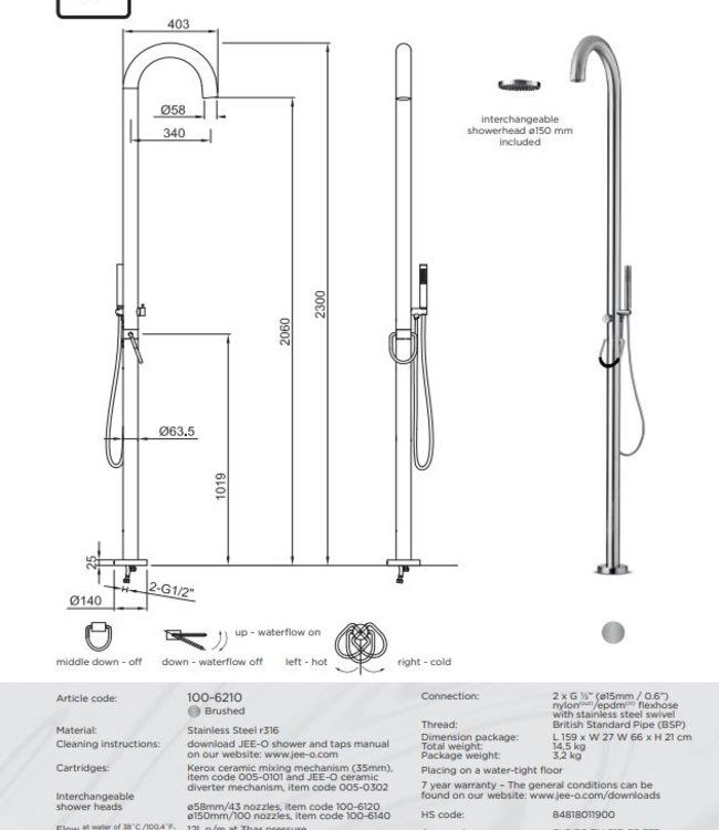 JEE-O Original Vrijstaande Douche 02 | Met eengreep-mengkraan en Handdouche| H230 cm