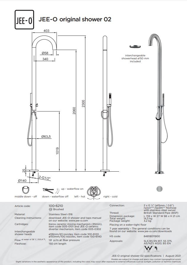 JEE-O Original Vrijstaande Douche 02 | Met eengreep-mengkraan en Handdouche| H230 cm