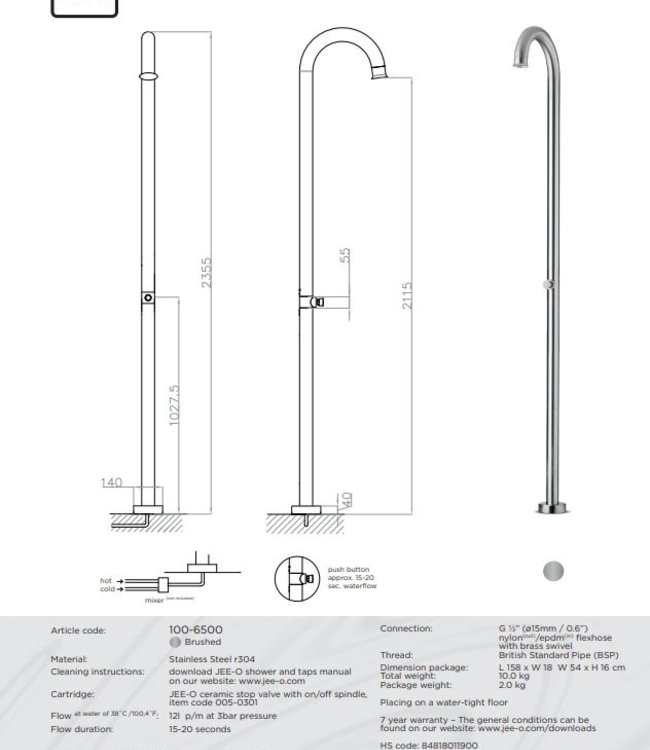 JEE-O Original Vrijstaande Douche Push | Met Eco Drukknop | H235,5 cm
