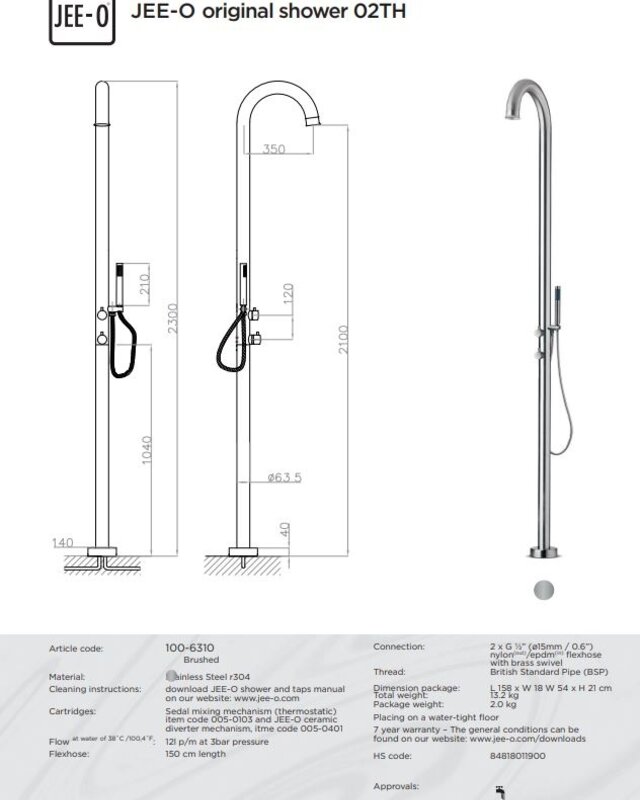 JEE-O Original Vrijstaande Douche 02TH | Met Thermostaat en Handdouche H230 cm