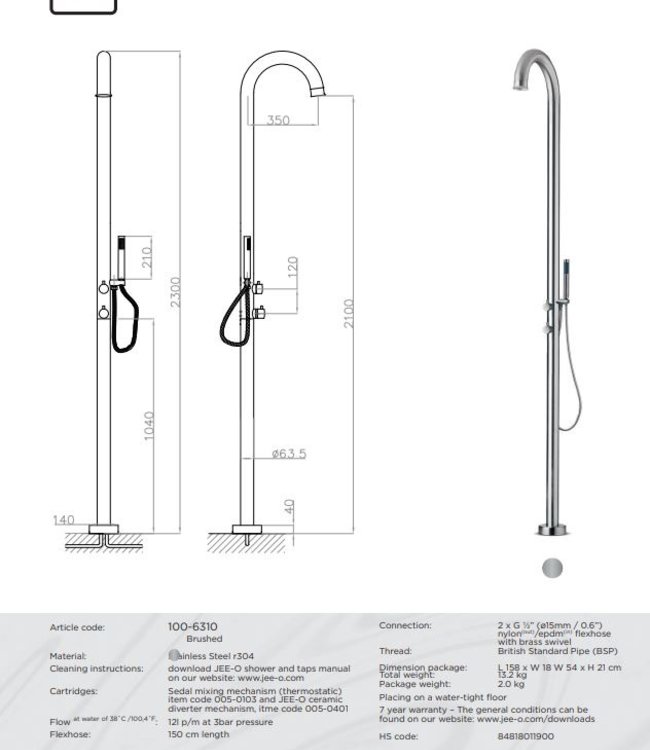 JEE-O Original Vrijstaande Douche 02TH | Met Thermostaat en Handdouche H230 cm