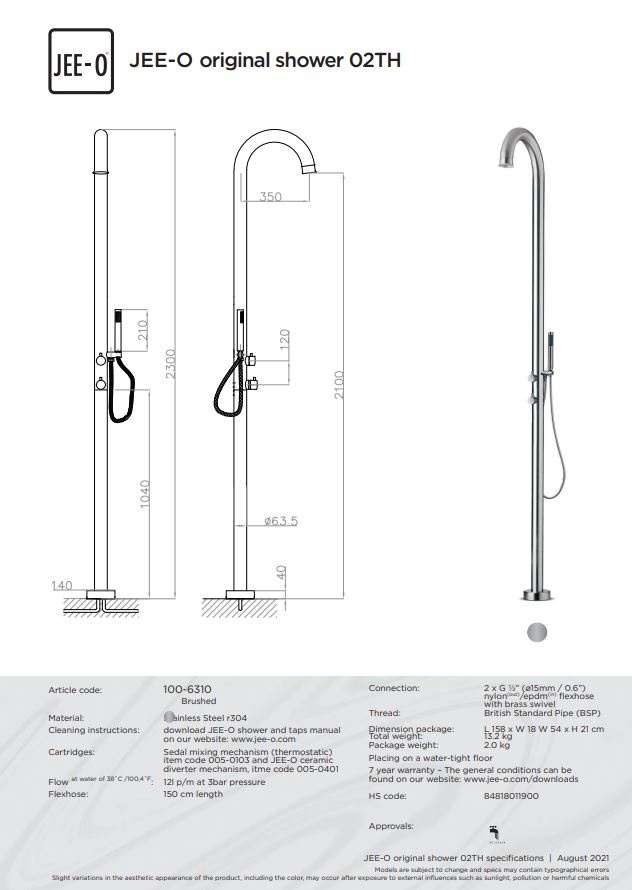 JEE-O Original Vrijstaande Douche 02TH | Met Thermostaat en Handdouche H230 cm