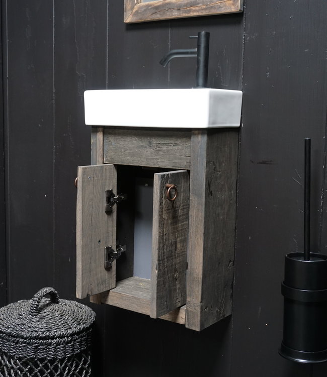 Rene Houtman Toiletmeubel Zwevend Oud Eikenhout +Fontein Keramiek Wit