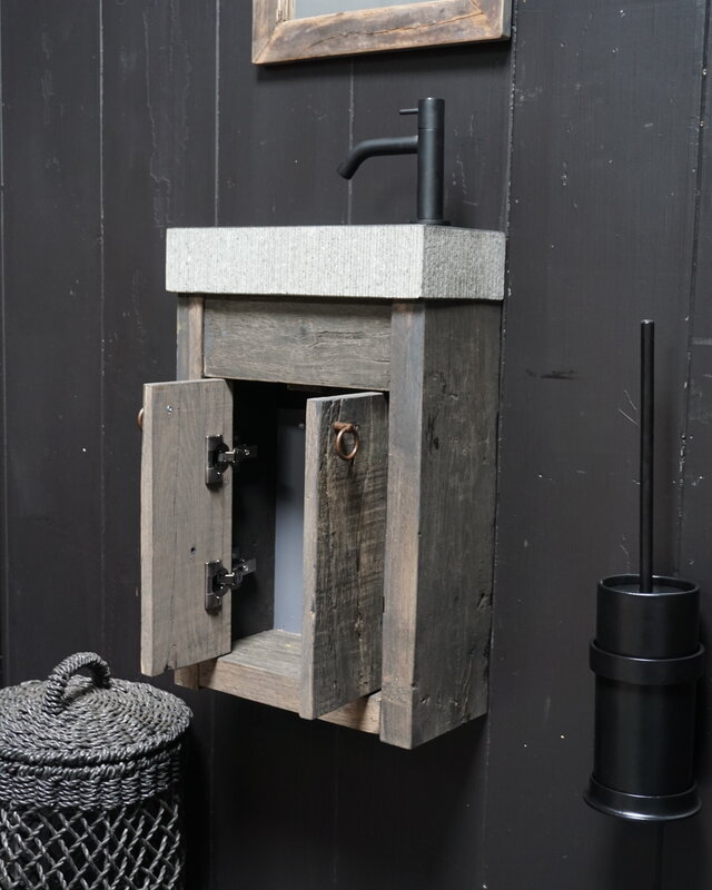 Rene Houtman Toiletmeubel Zwevend Oud Eikenhout + Natuursteen Gefrijnd