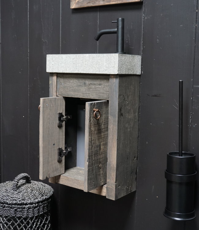 Rene Houtman Toiletmeubel Zwevend Oud Eikenhout + Natuursteen Gefrijnd
