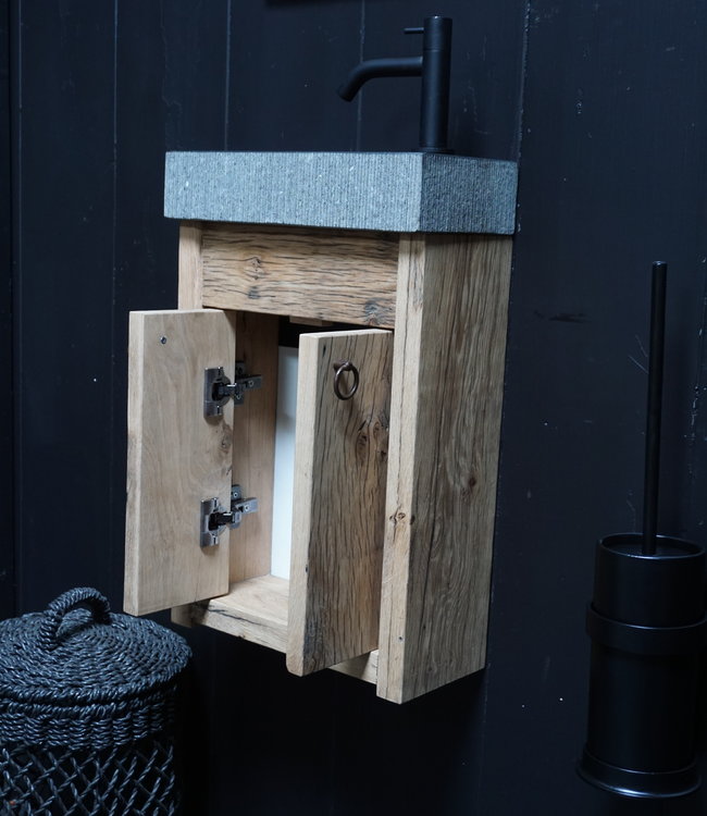 Rene Houtman Toiletmeubel Geschaafd Zwevend Oud Eikenhout - Natuursteen Gefrijnd