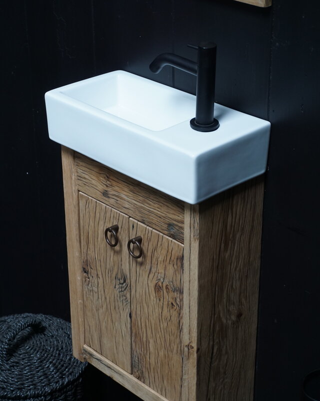 Rene Houtman Toiletmeubel Geschaafd Zwevend Oud Eikenhout - Wit Keramiek