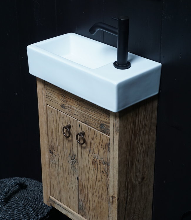 Rene Houtman Toiletmeubel Geschaafd Zwevend Oud Eikenhout - Wit Keramiek