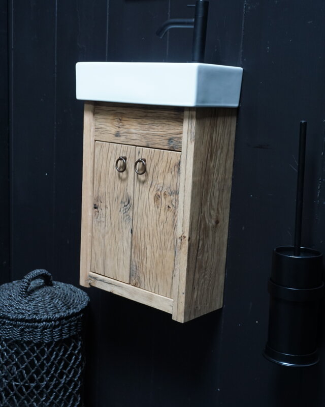 Rene Houtman Toiletmeubel Geschaafd Zwevend Oud Eikenhout - Wit Keramiek