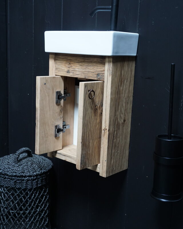 Rene Houtman Toiletmeubel Geschaafd Zwevend Oud Eikenhout - Wit Keramiek