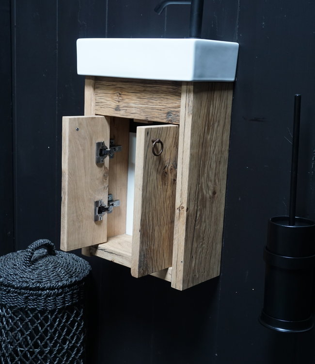 Rene Houtman Toiletmeubel Geschaafd Zwevend Oud Eikenhout - Wit Keramiek