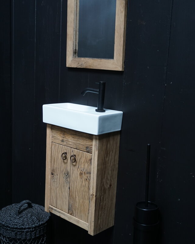 Rene Houtman Toiletmeubel Geschaafd Zwevend Oud Eikenhout - Wit Keramiek