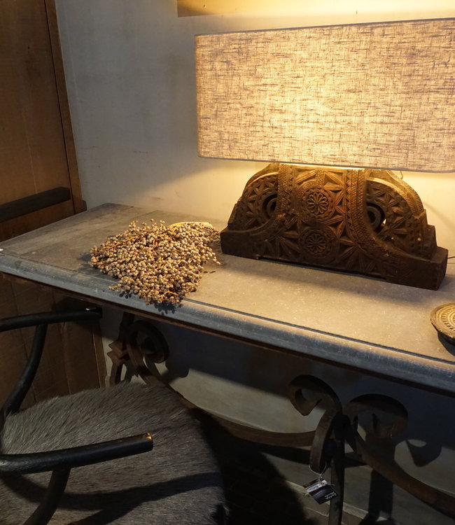 Be-Uniq Tafellamp Antiek Pilaarornament + Linnen Kap