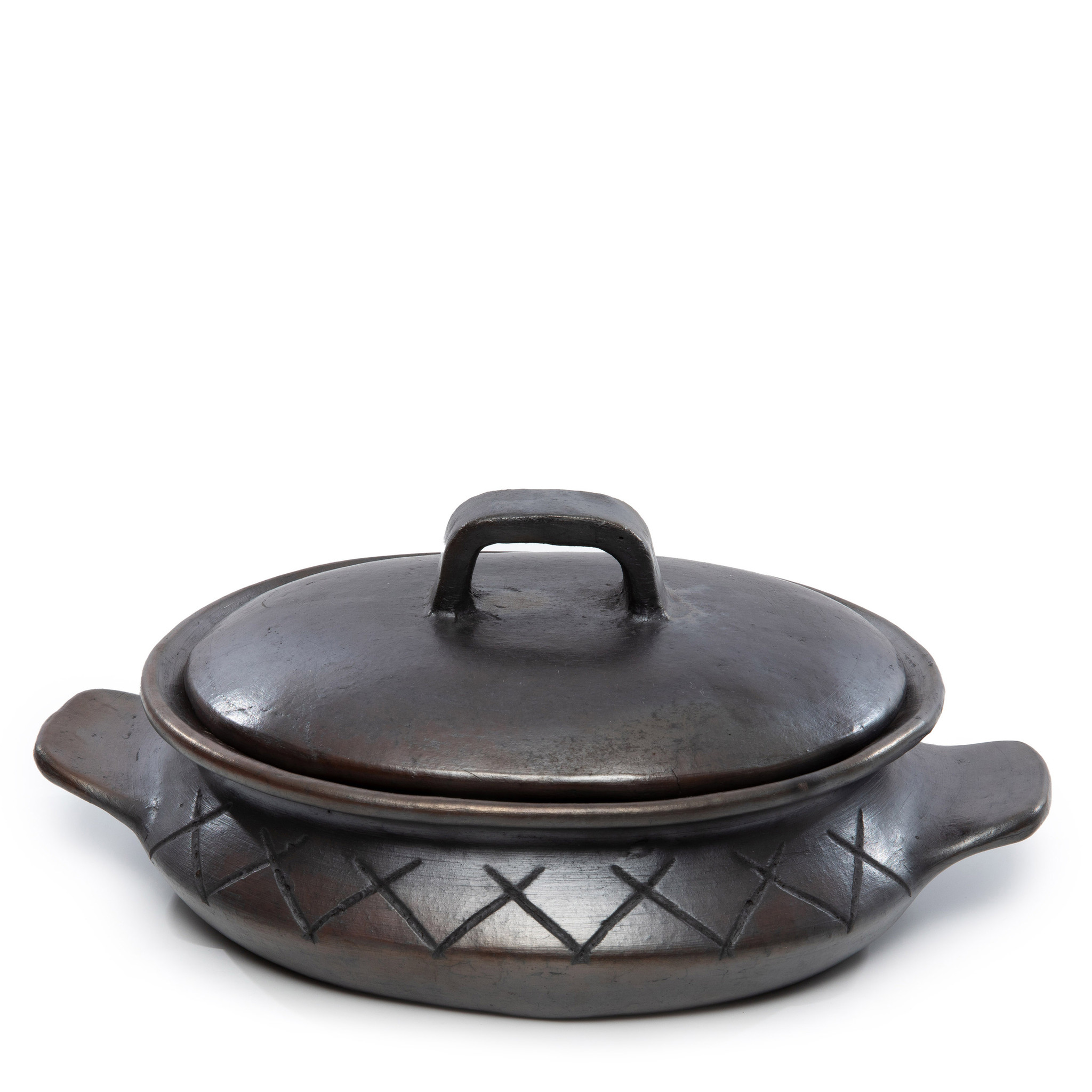 Bazar Bizar The Burned Oval Pot met Patroon en Handgrepen - Zwart - H13 cm