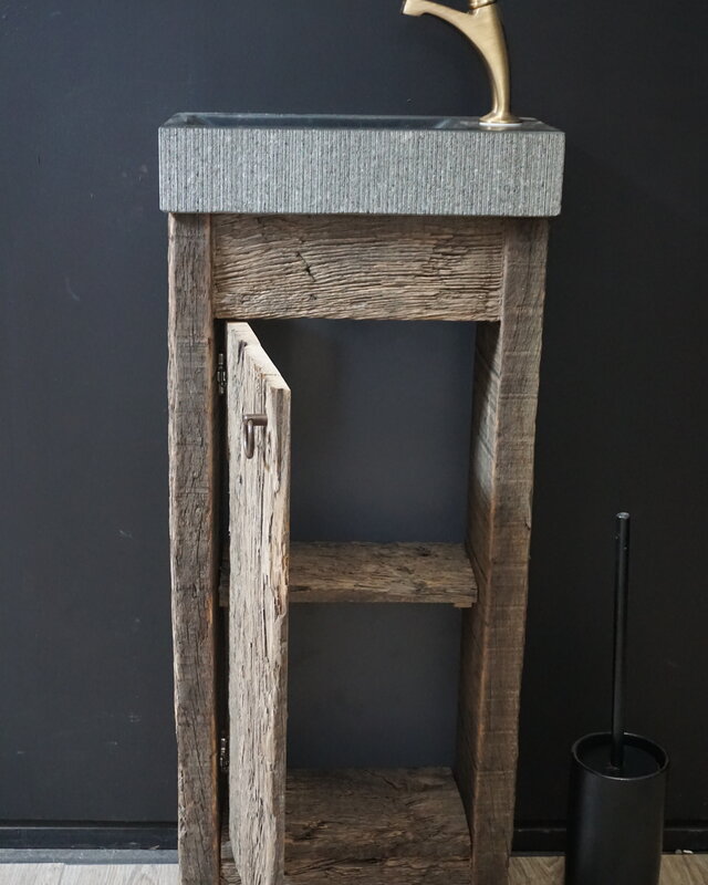 Rene Houtman Oud Eikenhouten Geborsteld Toiletmeubel 1 deur + Gefrijnde Fontein