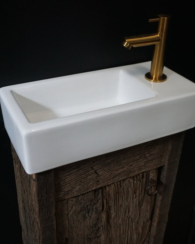 Rene Houtman Oud Eikenhouten Geborsteld Toiletmeubel 1 deur + Witte Fontein