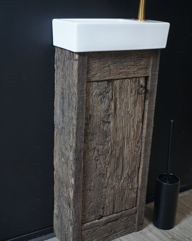 Rene Houtman Oud Eikenhouten Geborsteld Toiletmeubel 1 deur + Witte Fontein