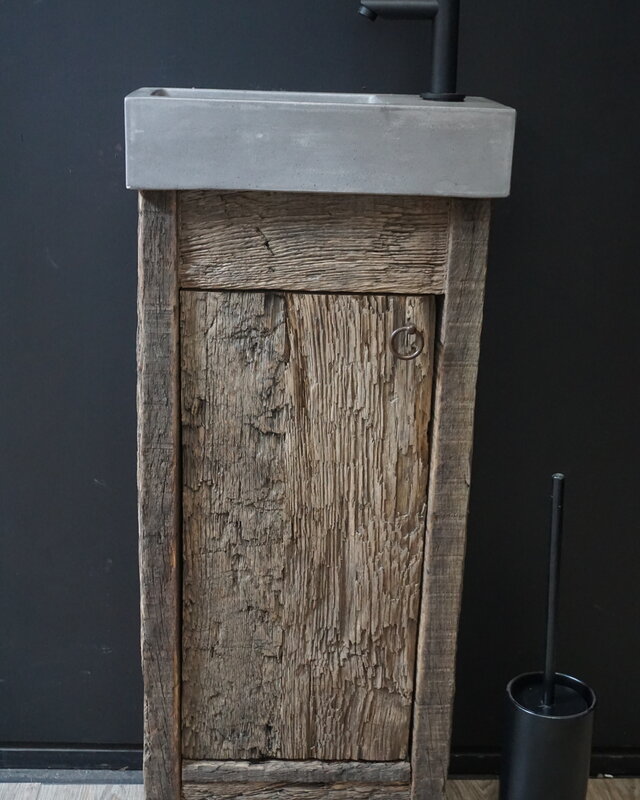 Rene Houtman Oud Eikenhouten Geborsteld Toiletmeubel 1 deur + Fontein D.Grey