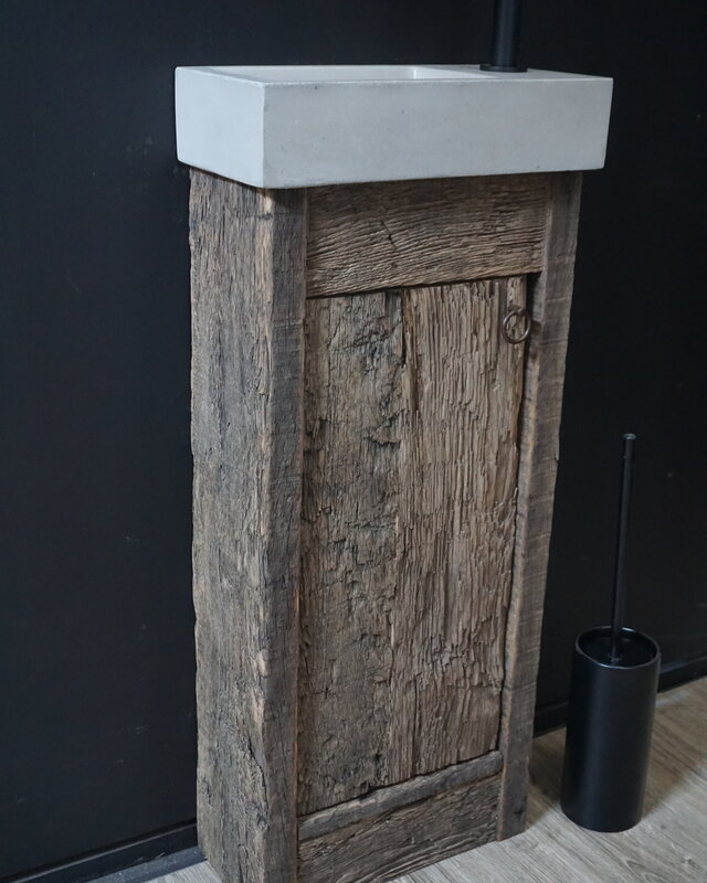 Rene Houtman Oud Eikenhouten Geborsteld Toiletmeubel 1 deur + Fontein L.Grey