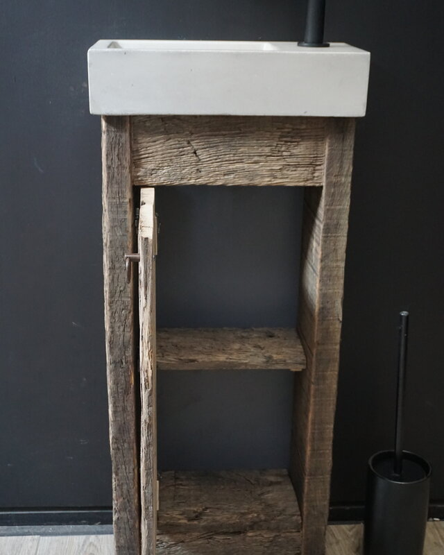 Rene Houtman Oud Eikenhouten Geborsteld Toiletmeubel 1 deur + Fontein L.Grey