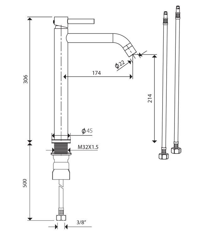 Differnz Hoge Kraan Warm/Koud - Gebogen Mat Chroom