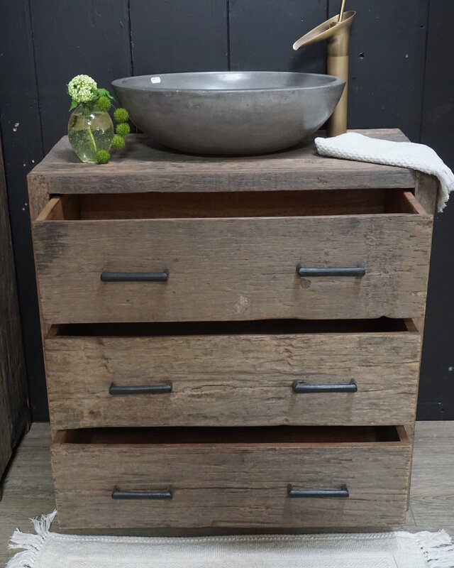 Rene Houtman Wastafelmeubel Mex H80 x B80 x D40 Oud Hout 3 Lades
