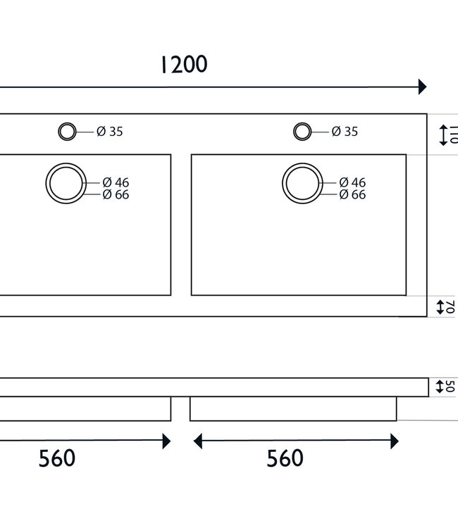 Wiesbaden Raw Wastafel - Dubbel met Twee Kraangaten - 120x46x5 cm