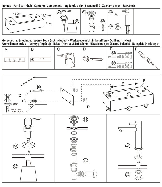 Differnz Jax Fonteinset - Donkergrijs - L42 x B18,5 x H9 cm