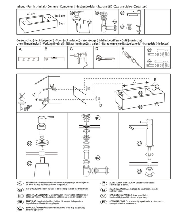 Differnz Sapon Fonteinset - Met Zeeppomp - L42 x B18,5 x H9 cm