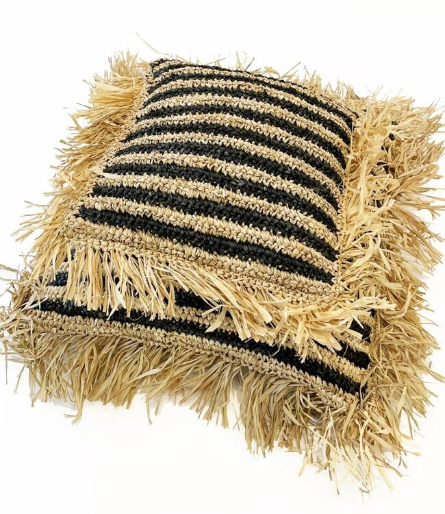 Bazar Bizar The Raffia gestreepte kussenhoes - Natural Zwart - 40 x 40 cm
