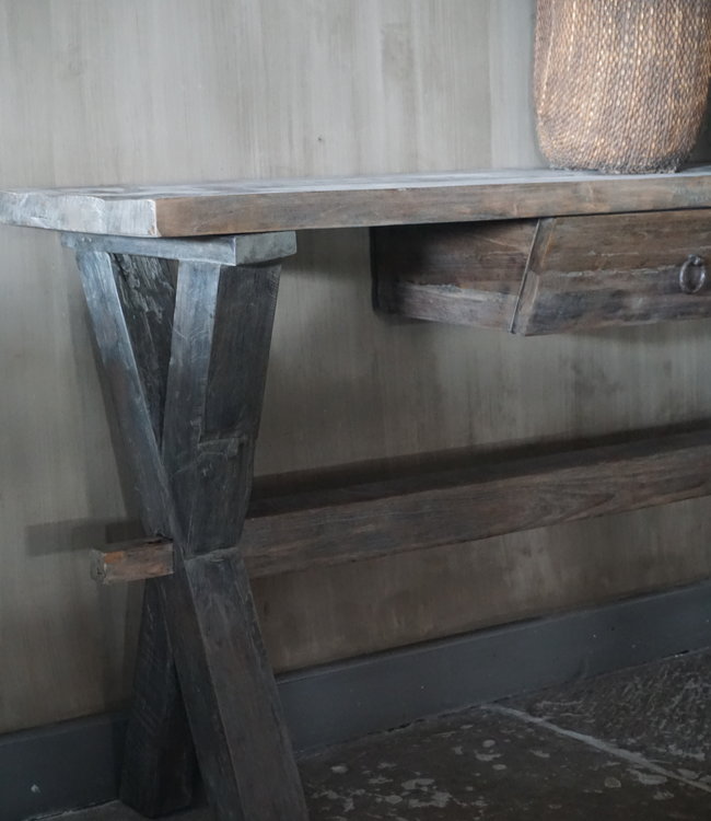 Rene Houtman Sidetable Oud Hout Cross Met Lade L160 cm