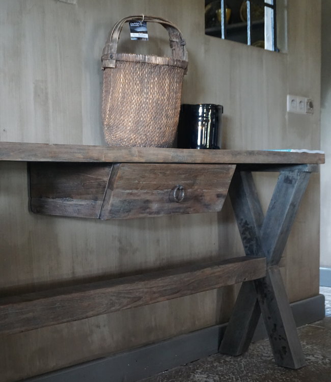 Rene Houtman Sidetable Oud Hout Cross Met Lade L160 cm