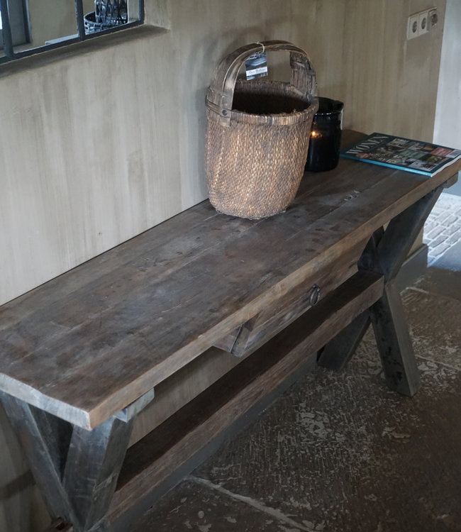 Rene Houtman Sidetable Oud Hout Cross Met Lade L160 cm