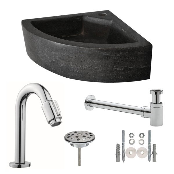 Wiesbaden One Pack Raw Hardstenen Hoekfontein | 30x30x10 cm | Gezoet | Zwart