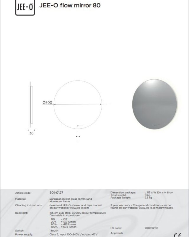 JEE-O Flow Spiegel - 80 cm - Met LED Backlight