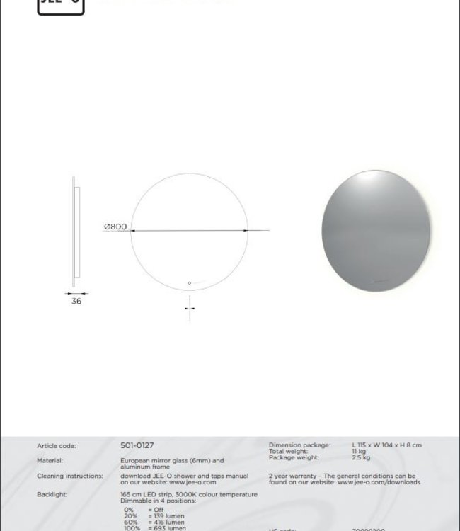 JEE-O Flow Spiegel - 80 cm - Met LED Backlight