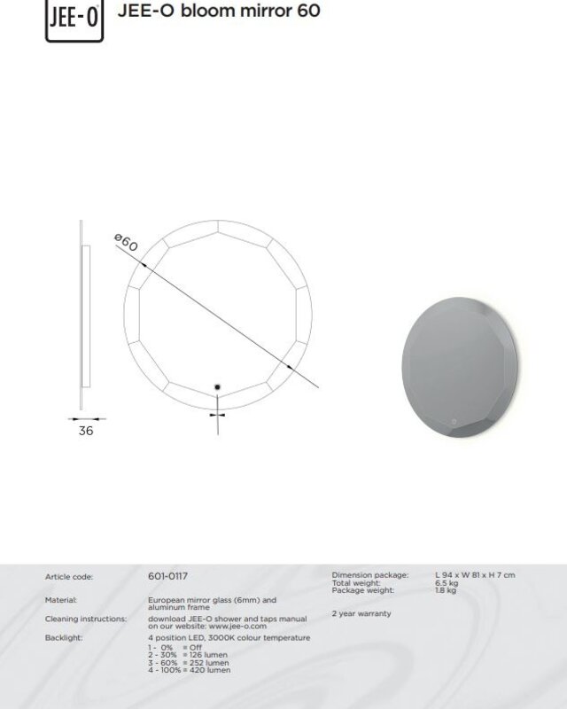 JEE-O Bloom Spiegel | Rond | 60 cm | Inclusief LED