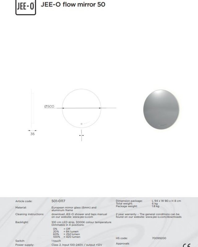 JEE-O Flow Spiegel - Met LED - 50 cm