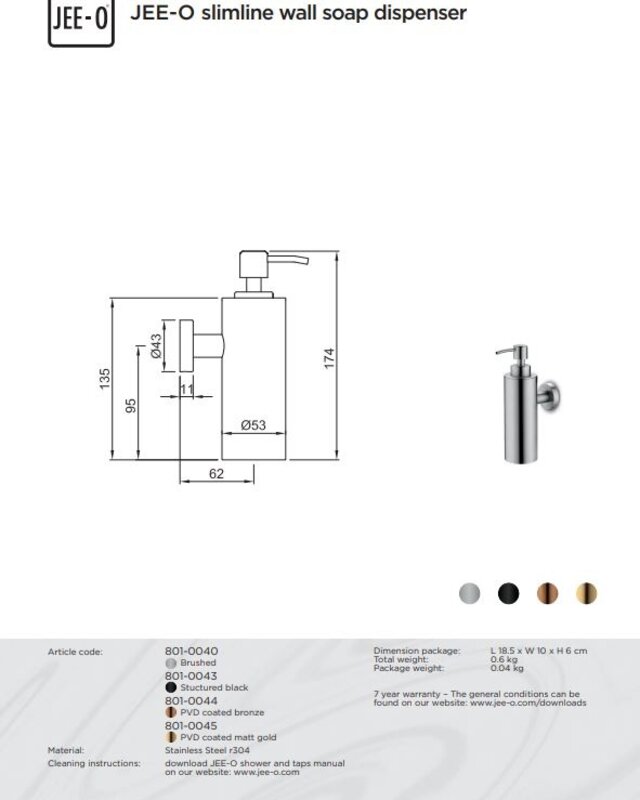 JEE-O Slimline Wand Zeepdispenser - H17,4 cm