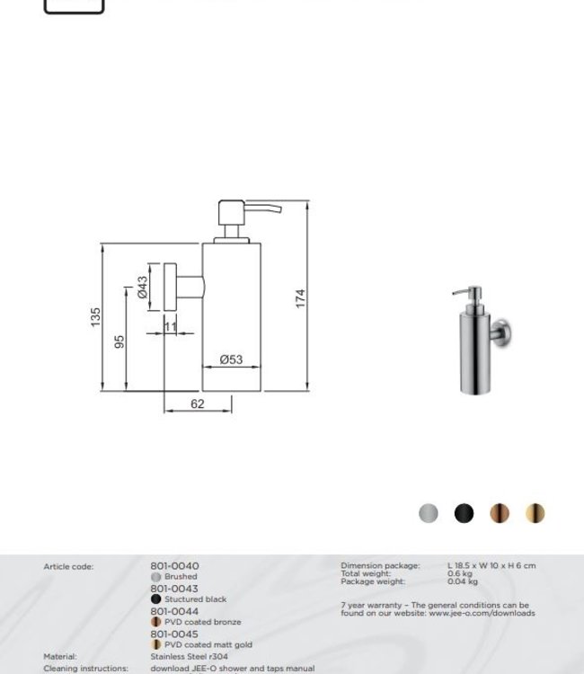 JEE-O Slimline Wand Zeepdispenser - H17,4 cm