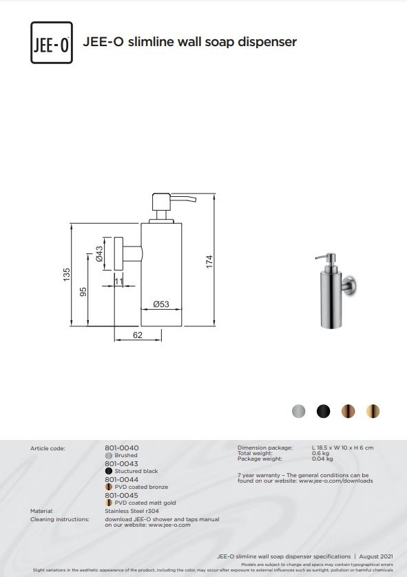 JEE-O Slimline Wand Zeepdispenser - H17,4 cm